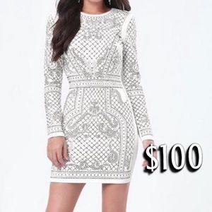 BEBE ADDICTION WHITE/CREAMISH STUDDED RUSTED SILVER BODYCON LONGSLEEVE DRESS